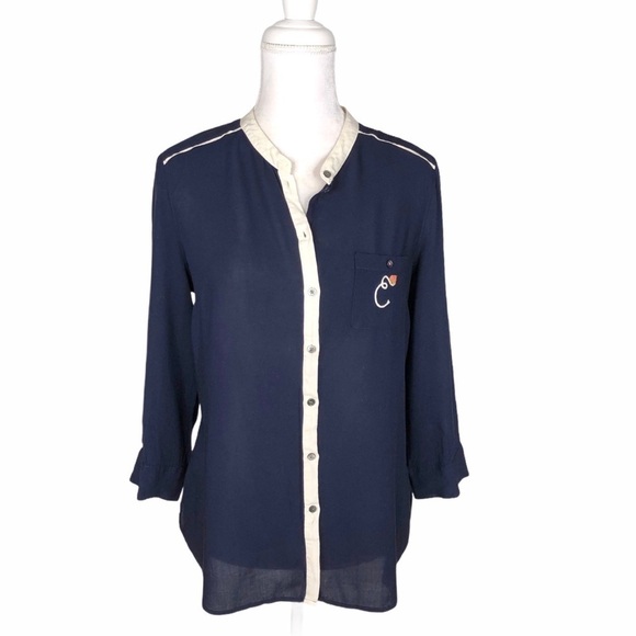 Anthropologie Maeve monogram E elephant blouse top small navy blbue - Picture 7 of 12